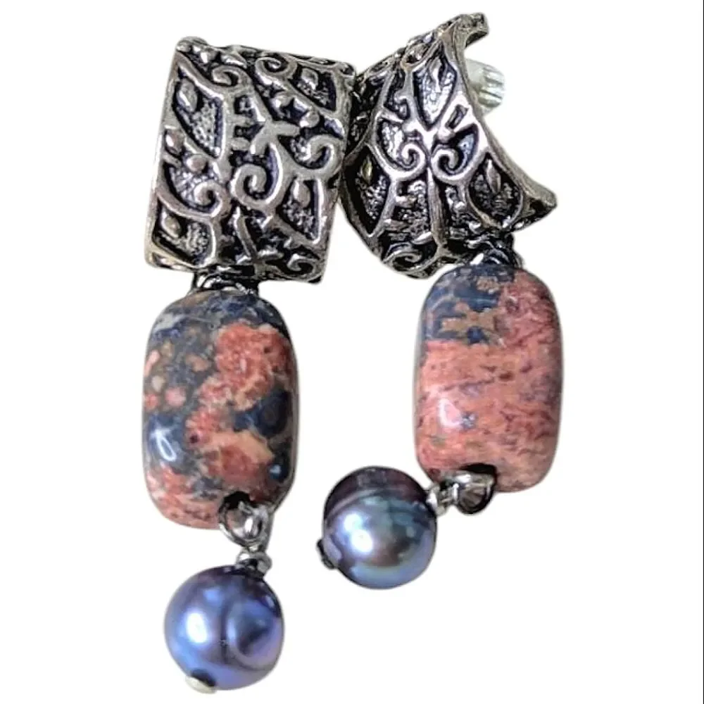 Natural Stone And Tooled Silver Dangle Earrings